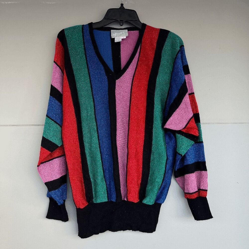 VTG Joyce Metallic Stripe Dolman Sweater L 80s 90s Colorblock Knit